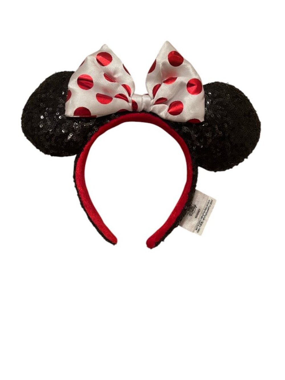 Woman's Disney Minnie Ears Black Sequin White Satin Bow Red Metallic Polka Dot